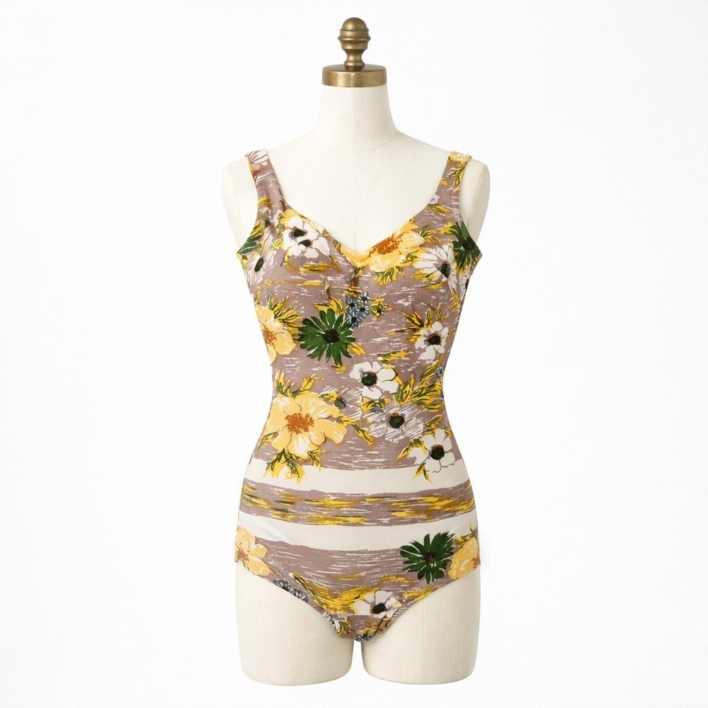 Vintage 1950s Floral One-Piece Swimsuit Rockabilly Pinup Hourglass Playsuit RARE - Picture 5 of 10